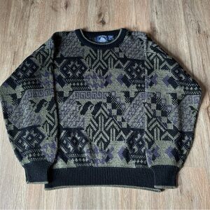 Vintage 90s Geometric Abstract All Over Print Knit Sweater Men’s Sz L Grunge Y2K
